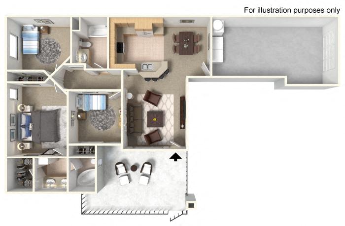 Floor plan for 3 beds, 2 baths, 1077 sqft